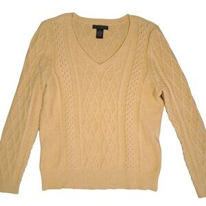Preswick & Moore Cable Knit Sweater V Neck Yellow Womens Size XL Preppy Academia